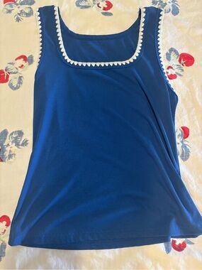 Sleeveless Blue Tank Top with White Trim